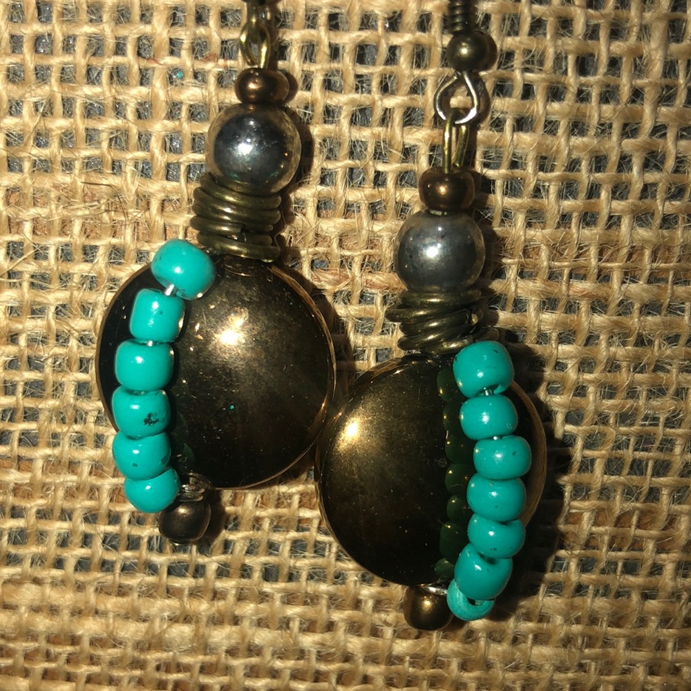 🛍Hand Crafted Bronze silver and turquoise earrings
